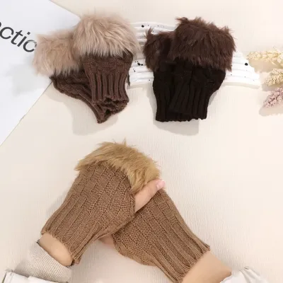 Faux Rabbit Fur Knitted Half Finger Gloves (1 pair)